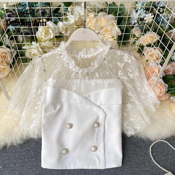 

women shirts o-neck short sleeve lace mesh patchwork slim 2020 summer new female korean fashion vintage court style blouse1, White