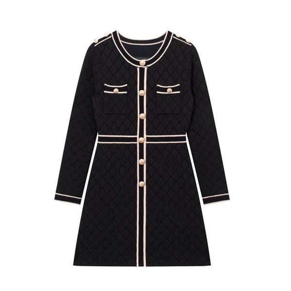 

retro knitted a-line dress 2021 autumn winter new high waist dress mid-length round neck casual fashion loose long sleeves, Black;gray