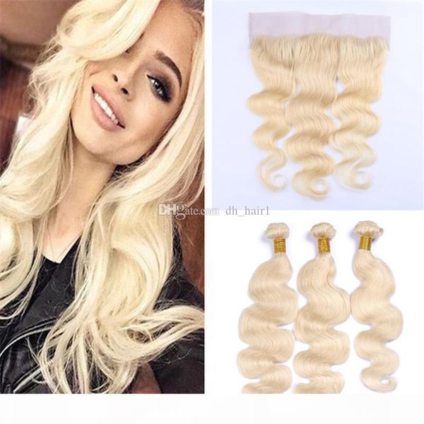 

brazilian virgin hair #613 blonde human hair 3 bundles with lace frontal closure bleach blonde body wave hair weaves with 13*4 lace frontal, Black;brown