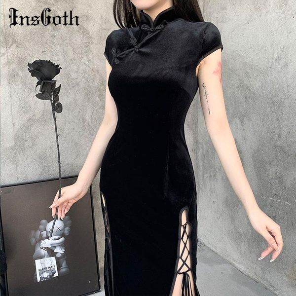 

insgoth retro cheongsam black dress goth high waist bandage patchwork midi dress women elegant bodycon short sleeve party1, Black;gray