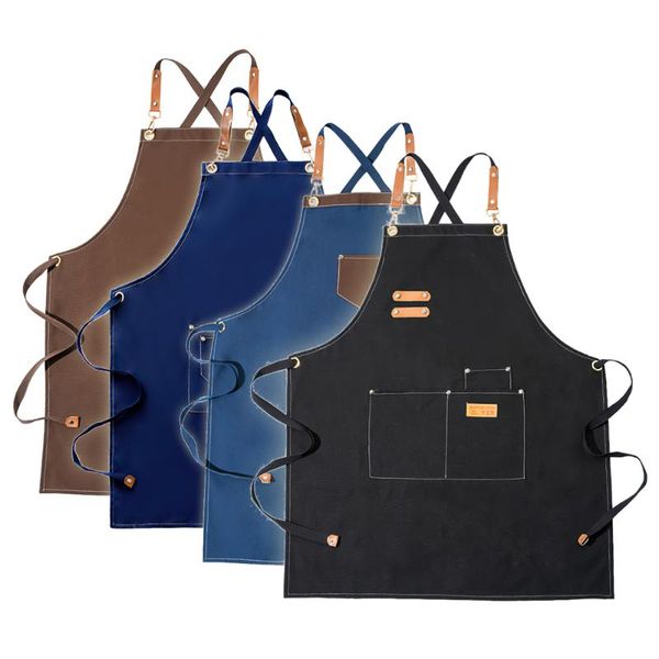 

aprons 2021 fashion cowboy apron work adjustable cooking baking kitchen canvas with multi-pocket