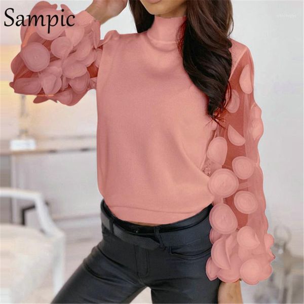 

sampic women casual patchwork pink elegant turtleneck blouse shirt office vintage long puff sleeve blouse autumn 20201, White