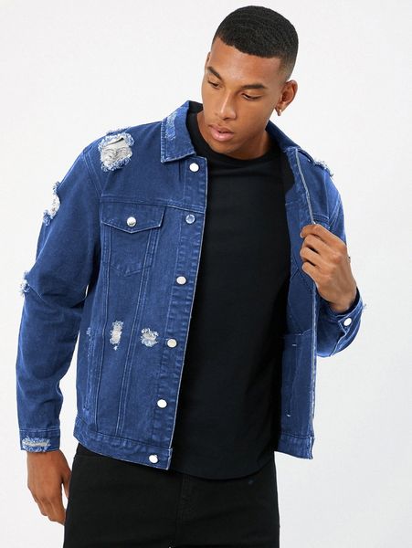 

men ripped flap detail denim jacket m3d2#, Blue