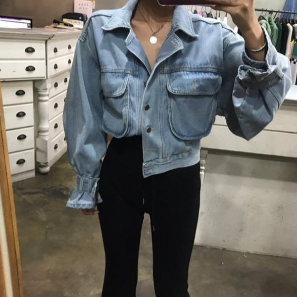 

women's tracksuits chest pocket high waist off shoulder loose denim coat style short pilot jacket women, Gray