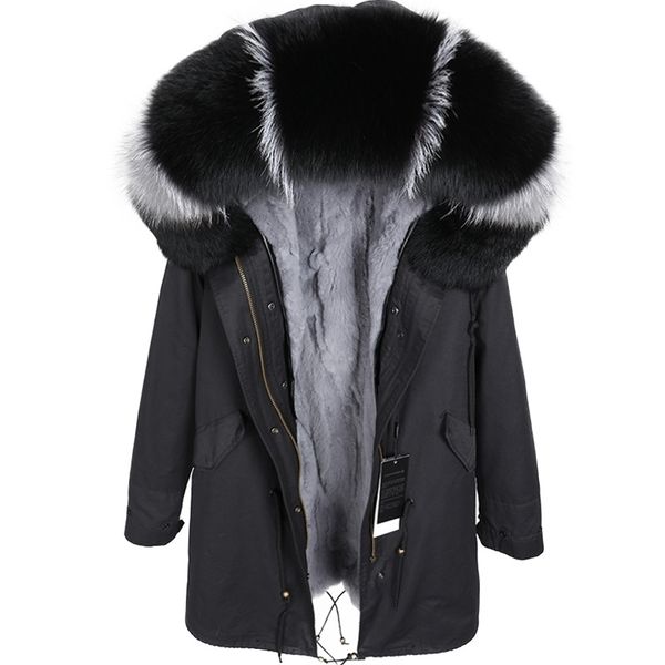 

maomaokong fashion women's clothing real rabbit fur grass liner park coat real fox fur collar winter jacket long jacket 201212, Black