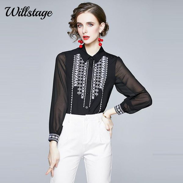 

women's blouses & shirts willstage black women long sleeve mesh hollow out floral embroidery single-breasted high-end blouse 2021 autum, White