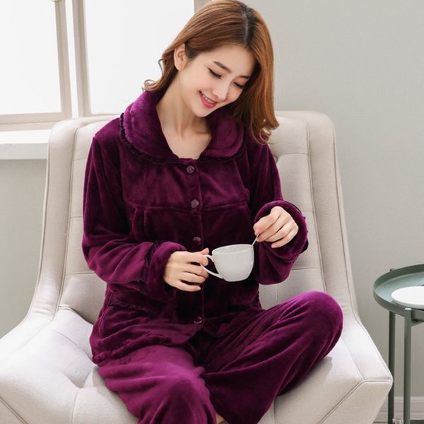 

2021 new winter flannel pajama set for women soft solid sleepwear female thicken nightwear down collar ladies homewear tk9e, Black;red