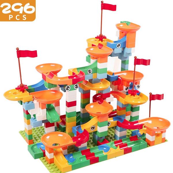 

296 шт. мраморная гонка пробег лабиринт шарики дорожки строительные блоки hubelino просветить кирпичи совместимые с duploed wmtqti