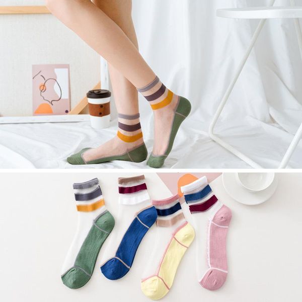 

spring summer colored striped pink socks for women japanese korean style glass silk kawaii women's socks mujer 429021, Black;white