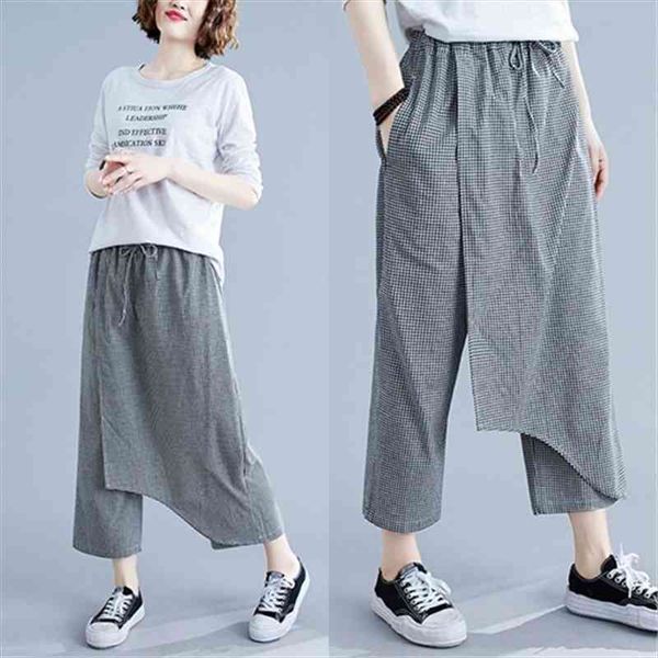 

women plaid pants unique design irregular all-match summer cotton linen baggy loose elastic waist drawstring casual trouser, Black;white