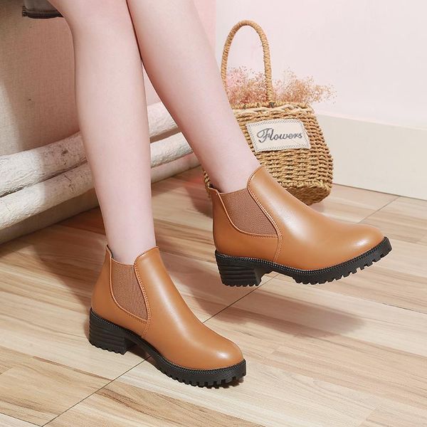 

boots high heels women 2021 design shallow pu leather brown round toe middle heel slip on cool ankle 's shoes, Black