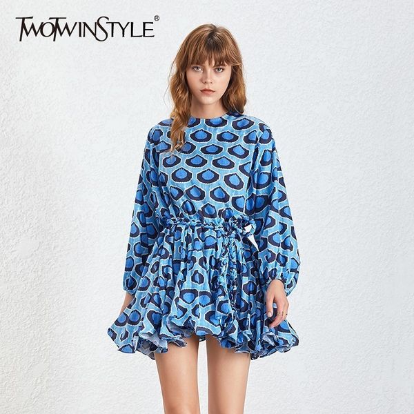 

twotwinstyle 2020 print mini women's dress long sleeve o neck high waist sashes slim a line dresses female 2020 fashion new tide lj2012, Black;gray