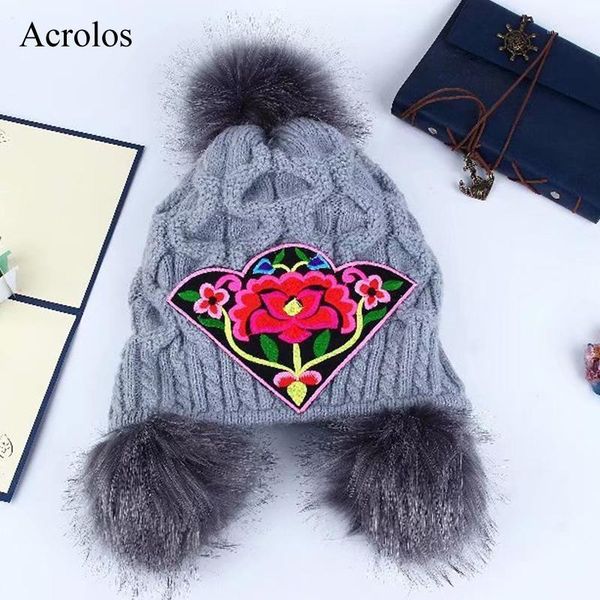 

beanie/skull caps 2021 winter women's hat for women beanie knitted hats girls vintage floral embroidered ladies cap1, Blue;gray