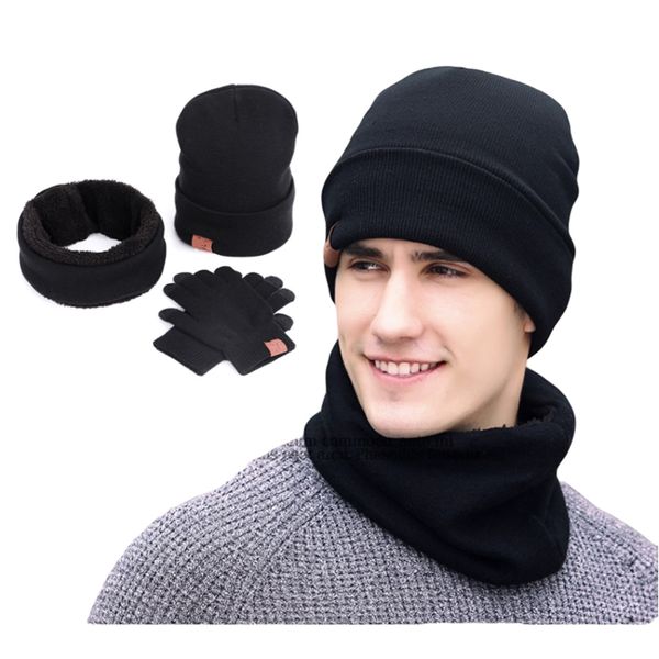 

наборы 3 зима unisex вязаные шапочки шляпы мужчины теплые hat с bib сенсорные перчатки экрана женщины bonnet beanie cap открытый езда набор, Blue;gray
