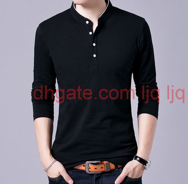 

t-shirt men spring autumn new cotton t shirt men solid color mandarin collar long sleeve tee, White;black