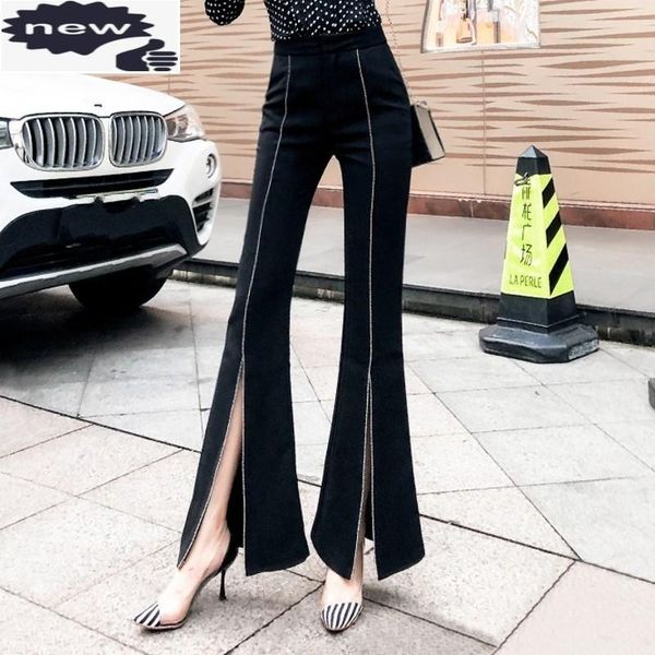 

summer new womens high waist full length flare pants slim fit diamonds chain split office ladies streetwear female trousers, Black;white