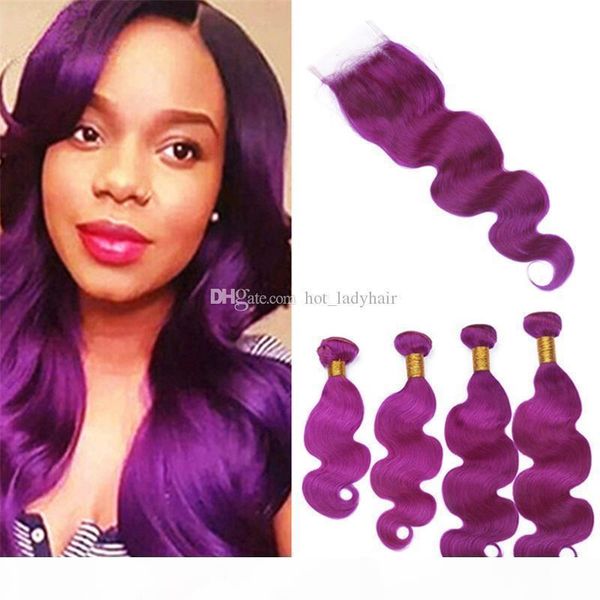 

indian purple virgin hair 4 bundles deals with lace closure body wave wavy purple human hair weave wefts extensions and 4x4 closure, Black;brown