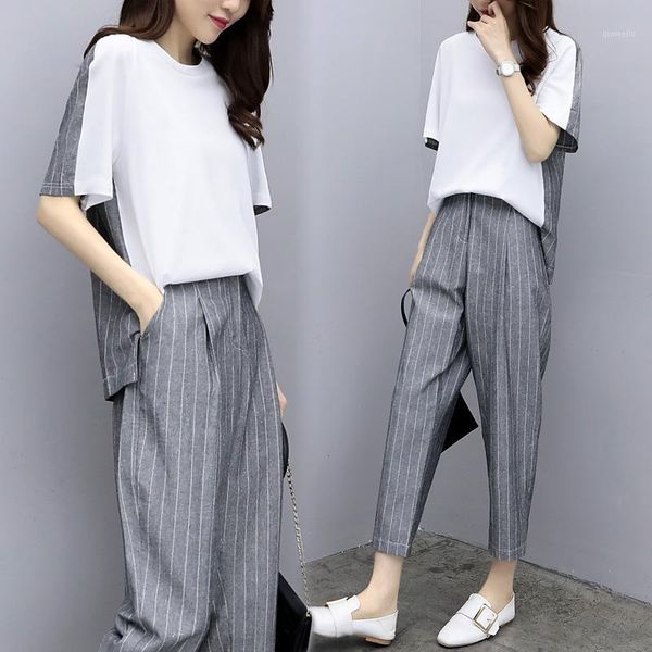 

large big size striped two piece set and pants ensemble femme deux pieces conjunto feminino ensemble femme survetement1, White