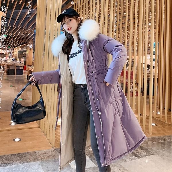 

new women winter jacket warm thicken double-side wear parka coat long hooded with fur collar adjustable waist 201109, Black