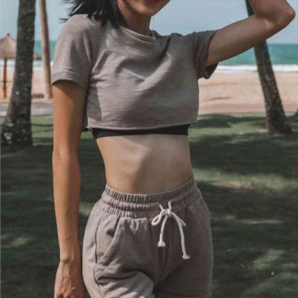 

women sports shorts suit short sleeve solid crop running fitness shorts sets lady casual slim o-neck lace up summer, Gray