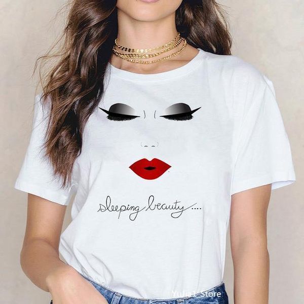 

makeup art sleeping beauty print vogue t shirt femme hipster clothes harajuku kawaii tshirt sumemr female t-shirt, White