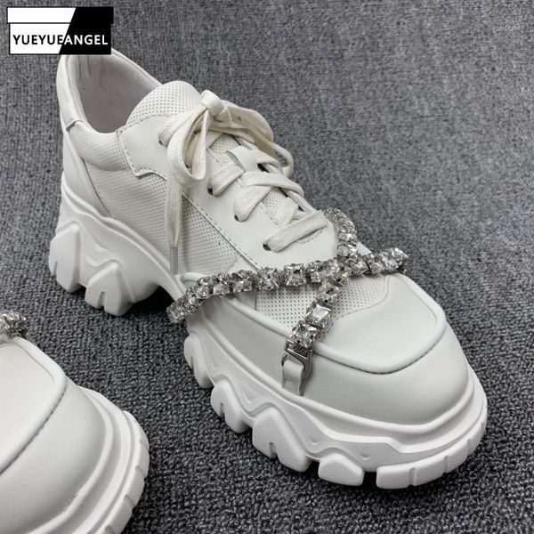 

women cross diamonds straps platform shoes genuine leather sneakers ladies harajuku wedges lace up joggers shoes1, Black