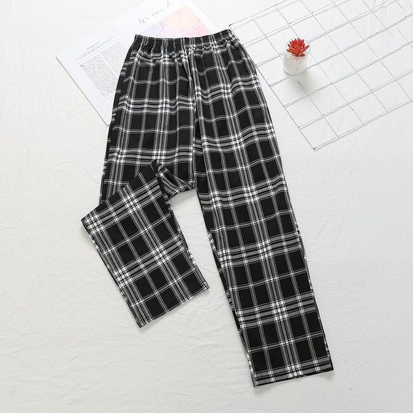

pants women plaid retro pockets elastic waist korean style all-match womens spring 2020 long trousers straight leisure loose, Black;white