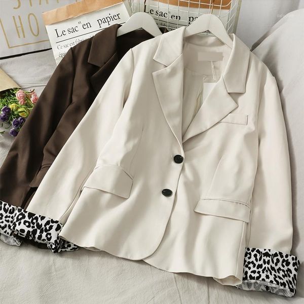 

retro leopard pattern stitching long-sleeved two-button small suit female autumn winter all-match outer jacket tide1, White;black
