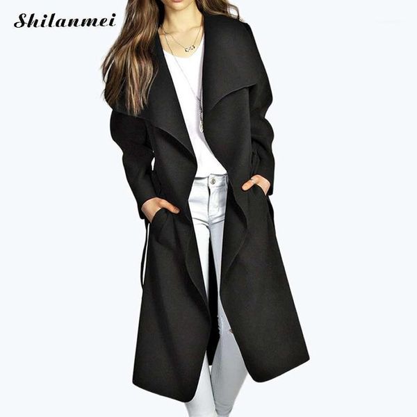 

women business overcoat office lady casual jacket lapel ollar long jacket 2020 autumn winter mid long sashes female outerwear1, Black;brown