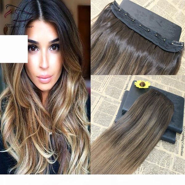 

ombre balayage color #2 fading to color #8 one piece clip in human hair extensions 5clips with lace virgin human hair, Black;brown