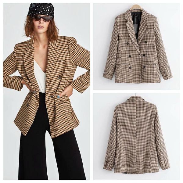

plaid vintage bouble breasted women blazer spring pockets jackets female retro suits coat work feminino outerwear, White;black