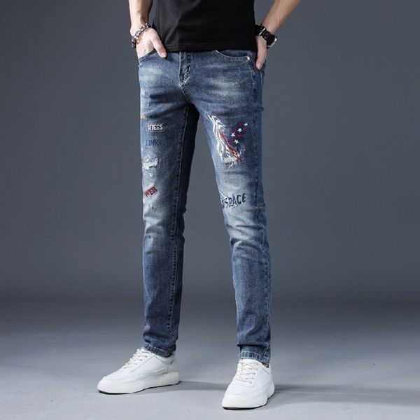 

ksmc3 style lighthigh-end casual men's jeans trend fashion and jeans stretch diamond embroidery hole slim feet tlw0e, Blue