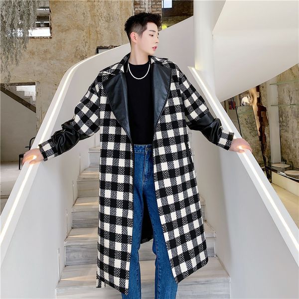 

2020 of leather men splice plaid trench coat outerwear vintage male fashion streetwear wool jacket f4hu, Black;brown