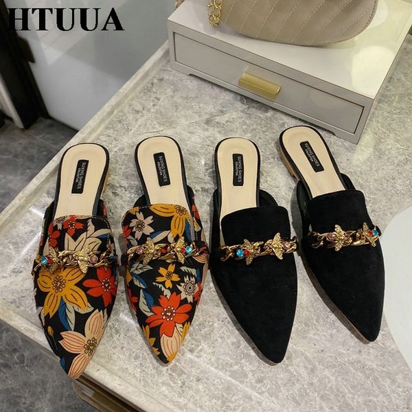 

htuua new women slippers fashion metal chains pointed toe flat mules shoes woman outsole slides footwear slip on mule sx3872 x1020, Black