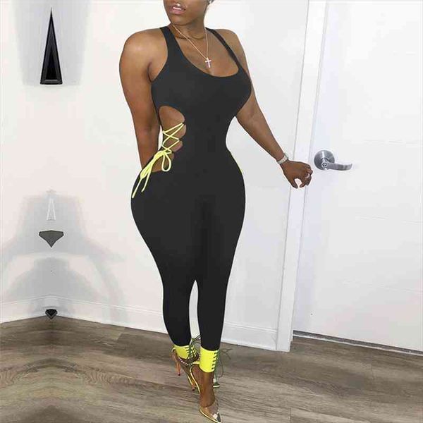 

women sleeveless sports causal summer pants pure color jumpsuit hollow out lace-up jumpsuit trousers, Black;white