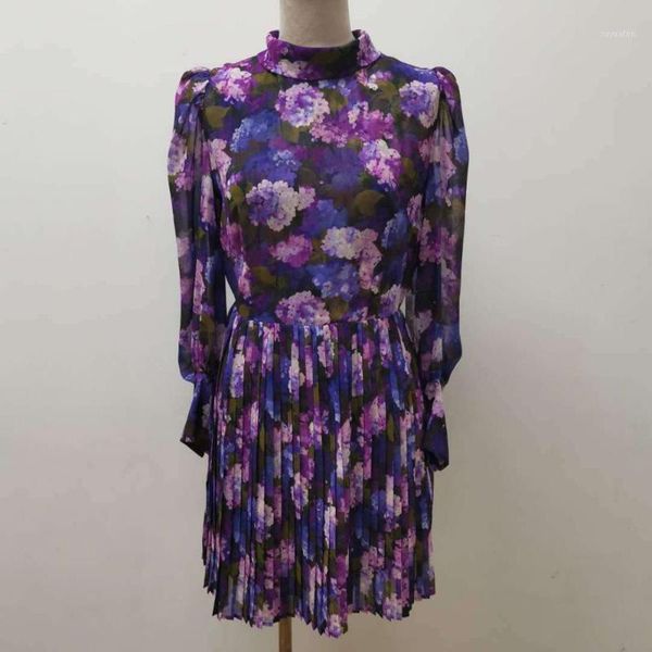 

floral print women mini dress stand collar long sleeve pleated short dresses fashion 2020 new1, Black;gray