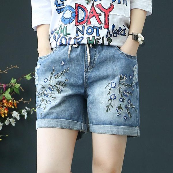 

summer casual denim shorts women plus size elastic high waist ripped vintage embroidery pocket jeans shorts pants ropa de mujer, White;black
