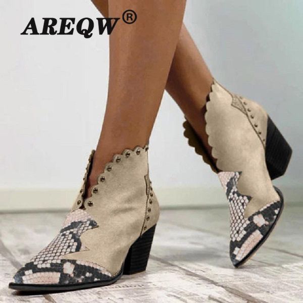 

women retro ankle boots slip on pointed toe ladies snake print rivet mixed color shoes female soft pu leather casual footwear, Black