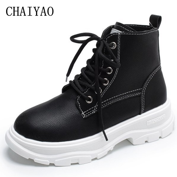 

women boots autumn winter ladies new pu non-slip lace-up platform women shoes leisure plus velvet keep warm women's martin boots, Black