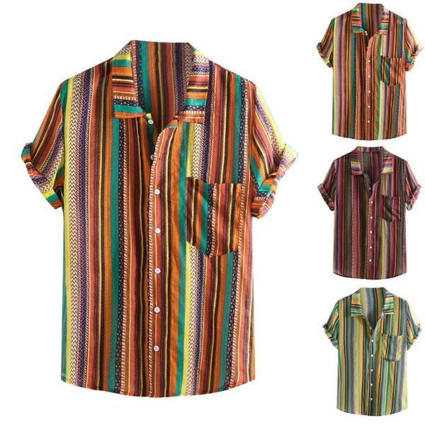 

2020 mens ethnic printed stand collar colorful stripe short sleeve loose shirt -3xl casual male dress shirt camisa masculina1, White;black