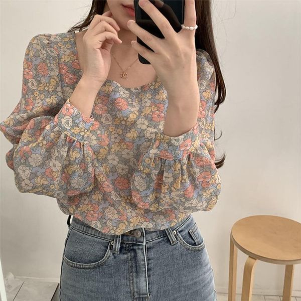 

elegance 2020 streetwear chiffon women shirts gentle romance vintage florals loose office lady blouses, White
