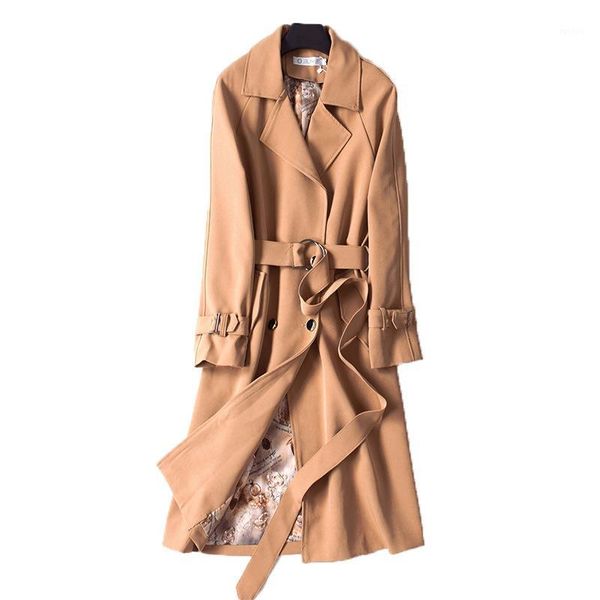 

elegant temperament trench coat women's 2020 autumn fashion outwear with belt pocket casual mid-length windbreaker women z9061, Tan;black