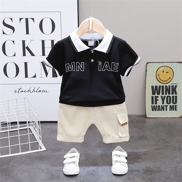 

summer boy short sleeve clothes sets cotton turn-down t-shirt + shorts 2 pcs children outfits casual soft baby costume c1016, White