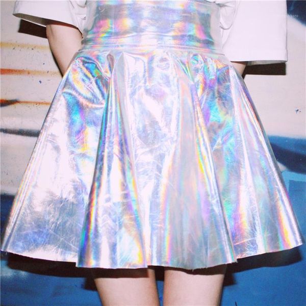 

2020 summer japanese women silver harajuku skirt high waist summer mini chic skirts bling shiny pleated skirt1, Black