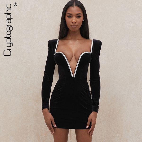 Cryptographic preto veludo cristal profundo decote em v mergulho mini vestido noite clube de noite backless elegante vestido mulheres moda roupas y0118