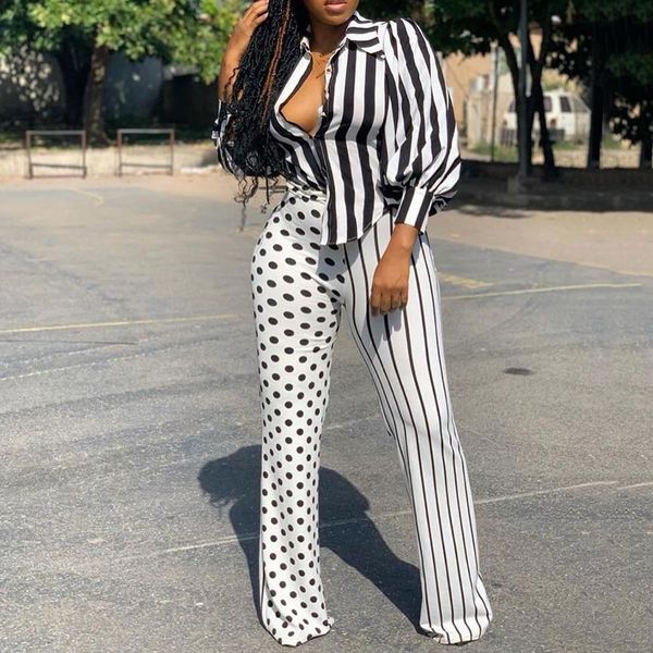

african women 2 two piece sets striped shirt and polka dot print patchwork pants office ladies matching outfits vintage, Gray