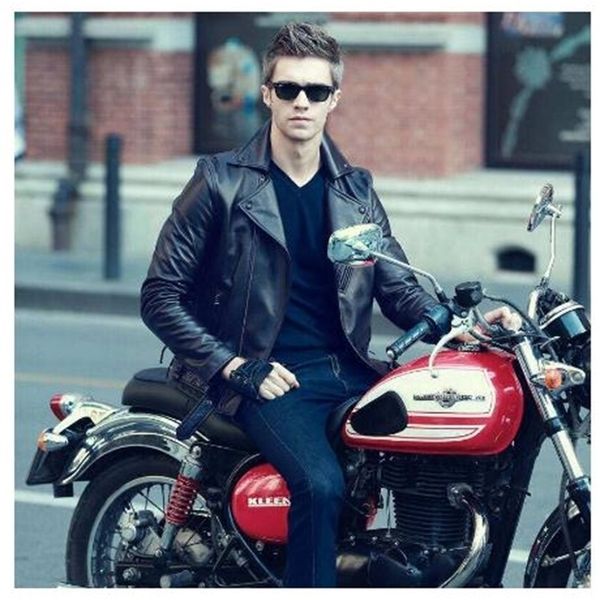 

salesbrand new genuine leather jacket.mens motor biker sheepskin coat.slim plus size leather clothing.classic 201114, Black
