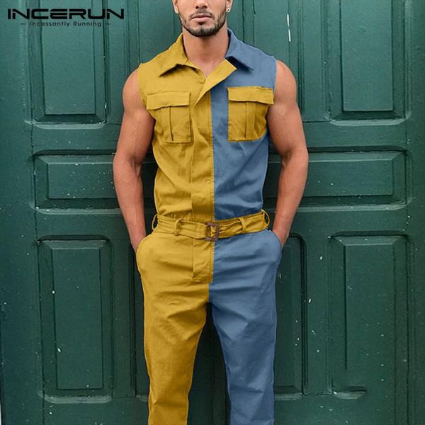 

men's pants man causal incerun men sleeveless jumpsuits casual patchwork zipper rompers hombre fashion multi pocket cargo overalls 5xl, Black