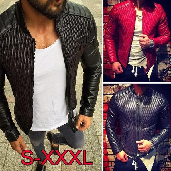 

man pu faux leather jackets clothing fashion trend long sleeve stand collar cardigan zipper punk coats male spring slim casual outerwear, Black