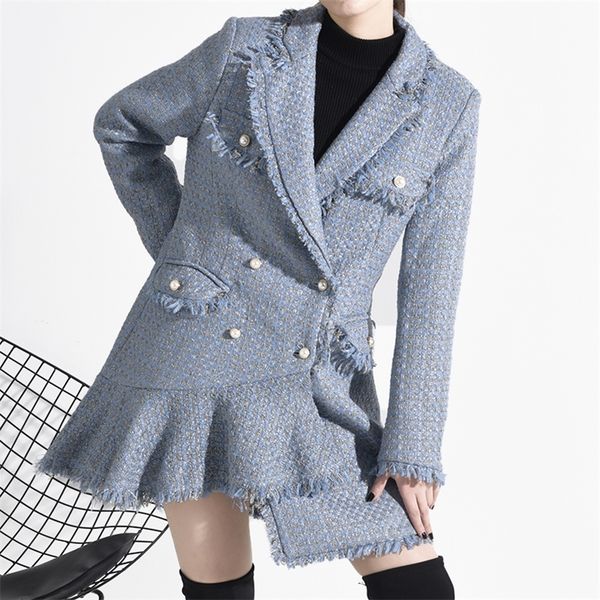 

[ewq]2020 new spring sweet full sleeve double breasted tweed coats korea style loose fashion trends slim women woolen coat lj201201, Black
